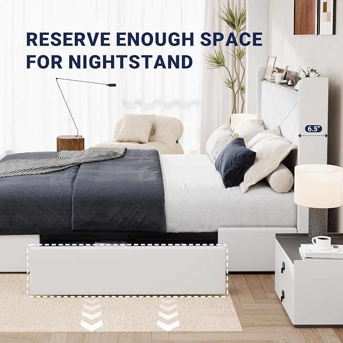 Allewie Full Size Velvet Bed Frame with 3 Storage Drawers, Upholstered Platform Bed with Wingback Storage Headboard and USB Ports, No Box Spring Needed, Easy Assembly, White
