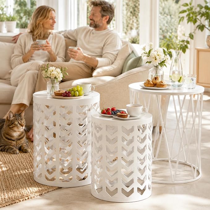 HFHOME Nesting Coffee Tables Set of 3, Industrial Metal Stacking Accent Side Tables Circle Table for Small Space, Living Room, Apartment, Bedroom Indoor - White
