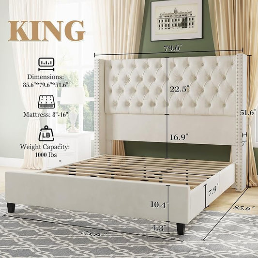 Jocisland King Upholstered Bed Frame with Tall Headboard Wingback Platform Bed Tufted Deep Button Velvet/No Box Spring Needed/Easy Assembly/Cream