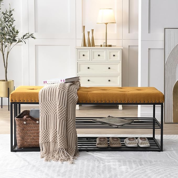 End of Bed Bench-Upholstered Entry Shoe Storage with Nailhead Trim,Black Mental Frame Ottoman Bench for Bedroom Entry Window Mudroom Living Room,Yellow