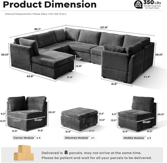 ovios Modular Sectional Sofa Couch with Sofa Bed L-Shape Chaise, Comfy Plush Corduroy Cloud Couches, Modern Luxury Deep Seat Sofas Set for Living Room, 8-Seater, Grey