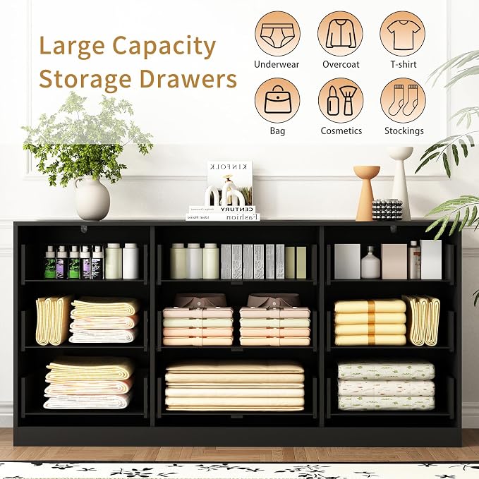 9 Drawer Dresser and Nightstand Sets for Bedroom, 3 Pcs Bedroom Set,Night Stand Set of 2 & 9 Drawer Dresser with Gold Handles, Modern Wood Chest of Drawers Storage Cabinet Set, Black