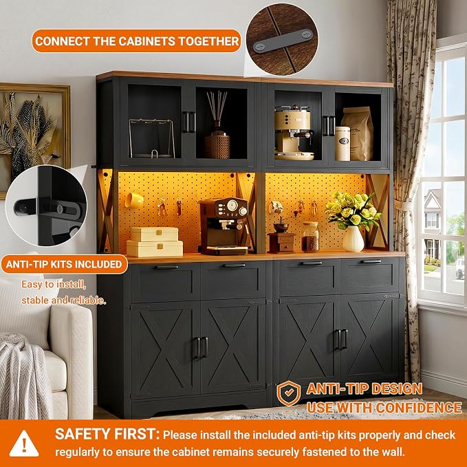 Unikito 71" Tall Kitchen Pantry Storage Cabinet with LED Light & Outlet, 63" Wide Kitchen Hutch Cabinet with Large Countertop, DIY Pegboard and Drawers, Food Pantry for Living Room,Black and Rustic