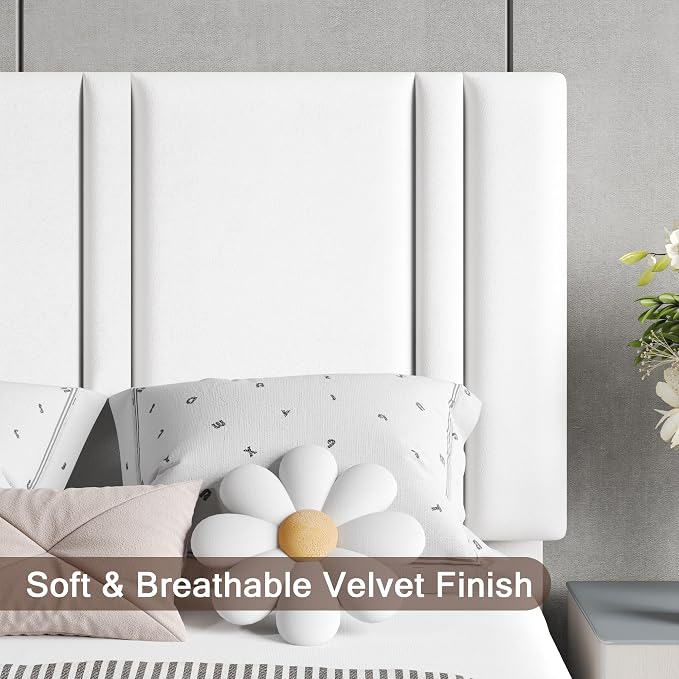 Einhomn Upholstered Twin Size Bed Frame with Velvet Fabric Headboard, Strong Wooden Slats Support, Noise Free, No Box Spring Needed, White