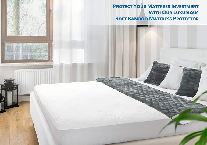 PlushDeluxe Premium Bamboo Mattress Protector – Twin XL Size, Waterproof, & Ultra Soft Breathable Noiseless Washable Bed Mattress Cover for Comfort & Protection - White