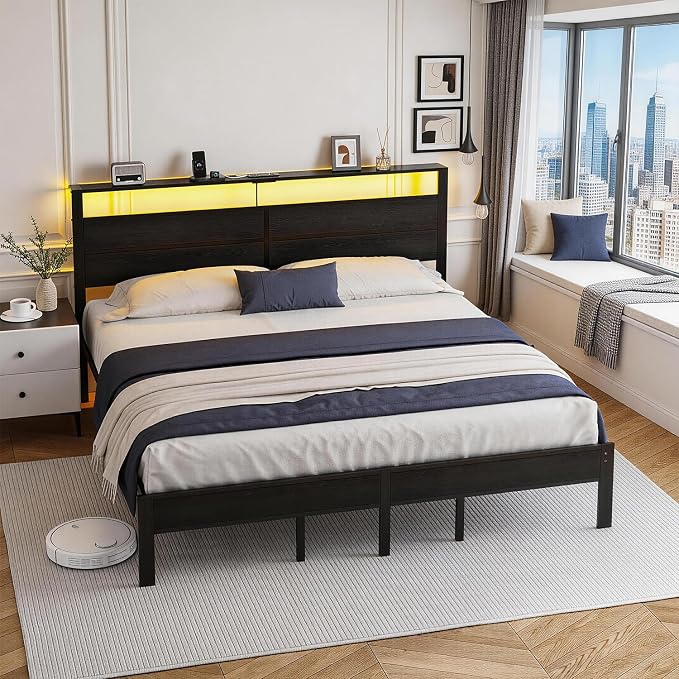 King Size Bed Frame with LED Lights & Charging Station, Black Metal Platform Bed with Wood Headboard and Sturdy Slats, No Box Spring Needed