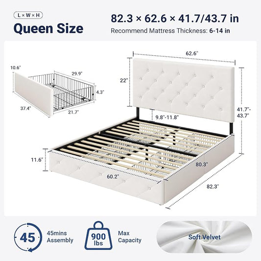 Allewie Upholstered Queen Size Platform Bed Frame with 4 Storage Drawers and Adjustable Headboard, Diamond Button Tufted, Wooden Slats Support, Noise-Free, No Box Spring Needed, Easy Assembly, White