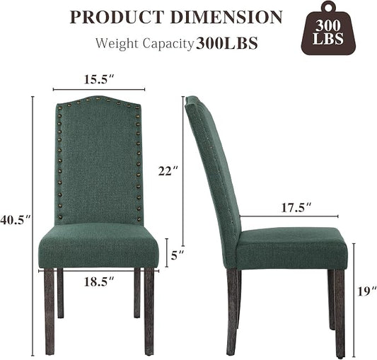LSSBOUGHT Dining Chair Upholstered Parsons Kitchen Chair with Copper Nails and Solid Wood Legs (Green-Fabric, Set of 6)