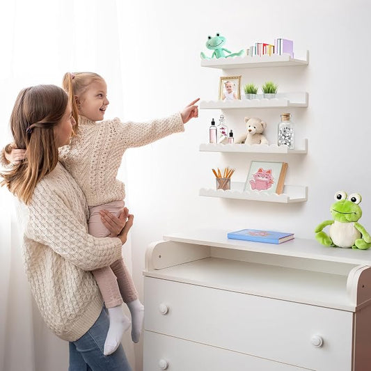 Scalloped Shelves - Set of 4 Pre-Assembled 15.6inch White Floating Nursery Book Shelves, Scalloped Book Shelf for Kids Rooms - Kids Wall Decor, Nursery Decor, Floating Shelves for Wall