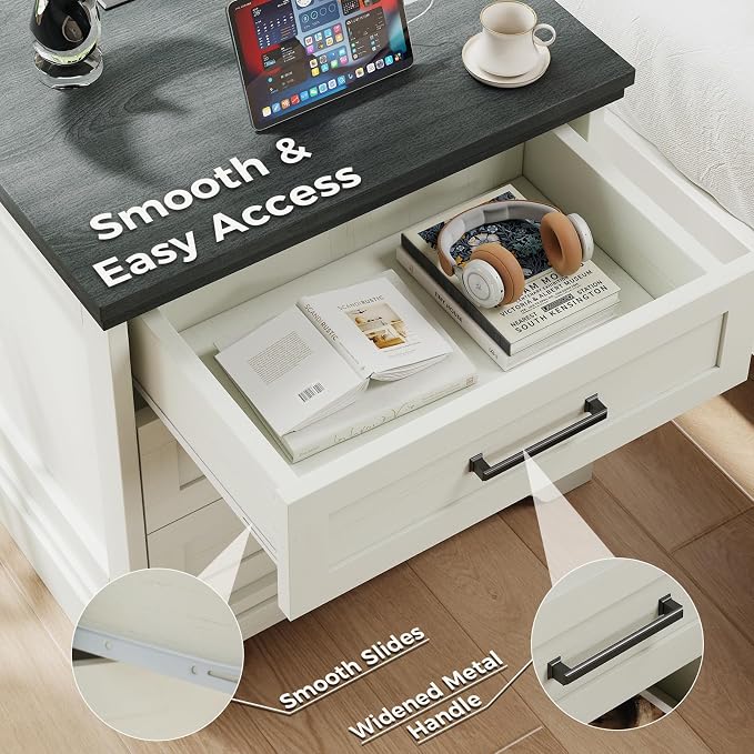 DUMOS Farmhouse Nightstand with Built-in Charging Station & USB Charging Ports, Sturdy Wood Bedside Table with 3 Spacious Storage Drawers, Minimalist Modern Small End Table for Bedroom, White