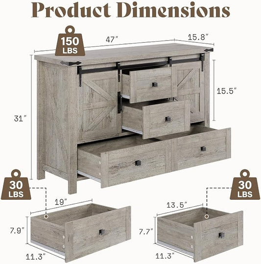 AMERLIFE 3-Piece Farmhouse Bedroom Set, King Size Bed with Sliding Barn Doors & Bookcase Headboard, 5-Drawer Tall Dresser, 4-Drawer Wide Dresser, Light Rustic Oak