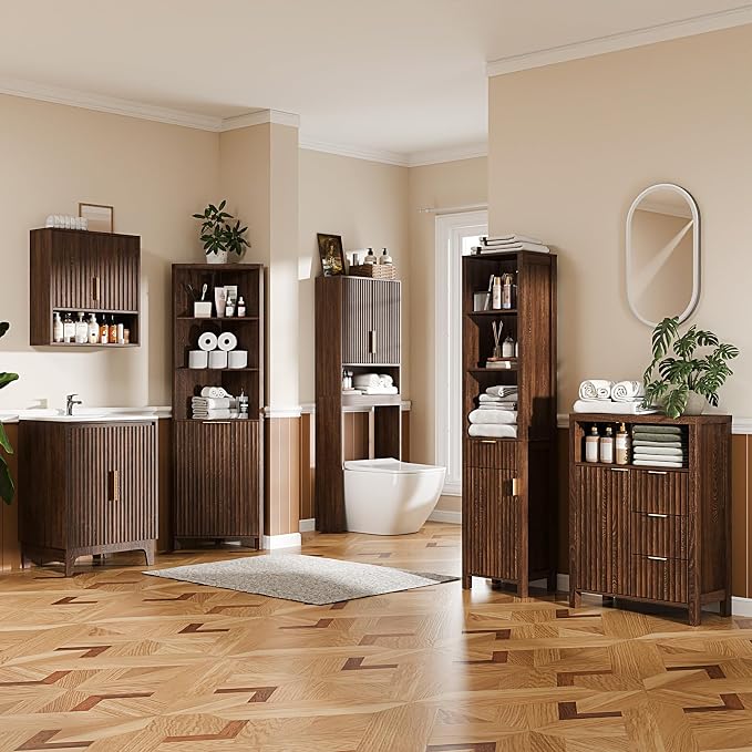 VINGLI Tall Corner Cabinet with Fluted Doors, 68" Walnut Corner Storage Cabinet with Adjustable Shelves, Freestanding Wood Corner Bookshelf for Bathroom, Living Room & Kitchen, Space-Saving