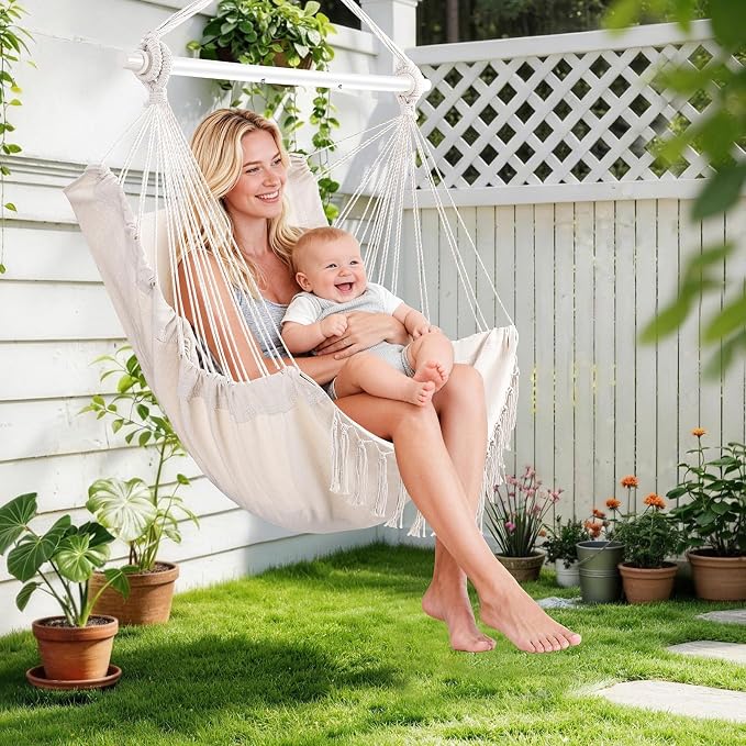Hammock Chair Hanging Chair Heavy Duty 500 Lbs, Hanging Hammock Chair with Steel Spreader Bar & Adjustable Straps, Indoor Outdoor Hammock Swing for Bedroom Patio Porch Balcony Backyard Camping-Beige