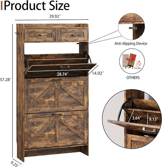 Shoe Cabinet with 3 Flip Drawers & 2 Top Drawers, 57" Tall Freestanding Narrow Wooden Shoe Storage Organizer for Entryway, Hidden Slim Shoe Rack for Front Door Entrance, Hallway, Living Room, Brown