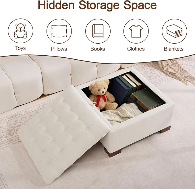 WUTUTUEE 30" Fabric Square Storage Ottoman with Wooden Tray, Modern Tufted Button Footstool Coffee Table, Upholstered Large Ottoman for Living Room, Bedroom, Beige