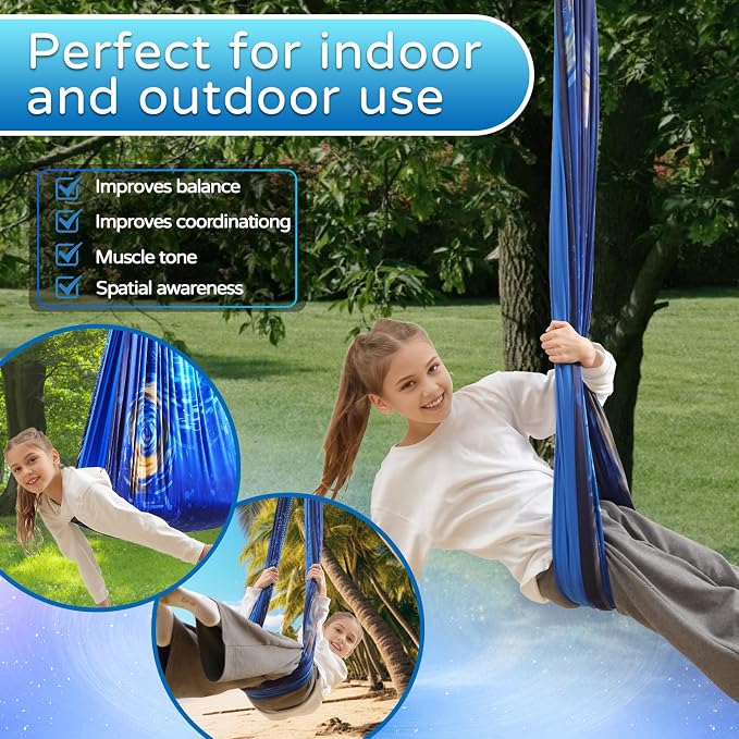 Sensory Swing for Kids and Adults Indoor & Outdoor Double Layer Therapy Cuddle Holds up to 300lbs Adjustable Hammock Chair with 360° Swivel Hanger Kit Effect for Aspergers Autism ADHD(Ocean Blue)
