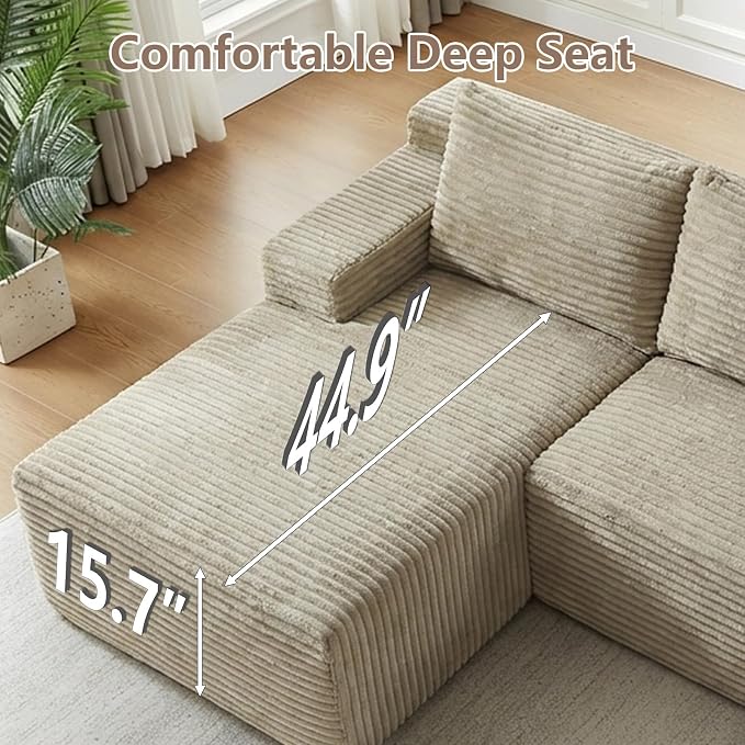 96" Cloud Sectional Couch with L-Shape Chaise, Modular Comfy Sofa Chaise Longue, Upholstered Corduroy Couches Sleeper with Deep Seat for Living Room Bedroom, No Assembly Required(Camel, Left Facing)