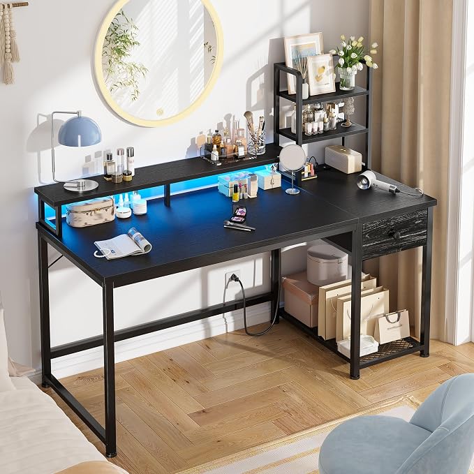 44 Inch Gaming Desk with Hutch and Drawers,Reversible Computer Desk with Monitor Shelf,Home Office Desks with USB Power Outlets and Storage,Pc Small Gaming Desk for Office with LED Lights,Black