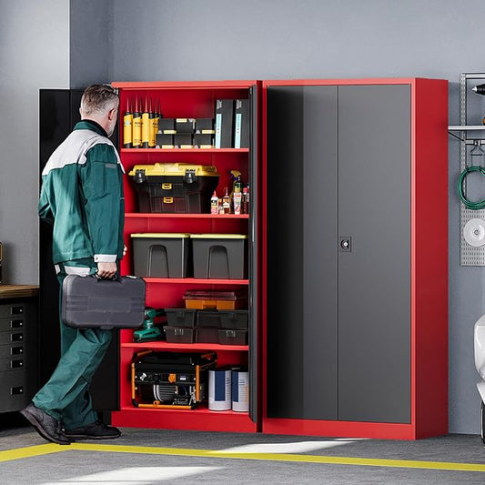 Letaya Metal Storage Cabinets with Lock, 71" Tall Locker Organizer Steel Cabinets, Adjustable Shelves 2 Doors for Home, Office, Warehouse,Garage,Industrial,Employee Lockers (Style B, Black Red)