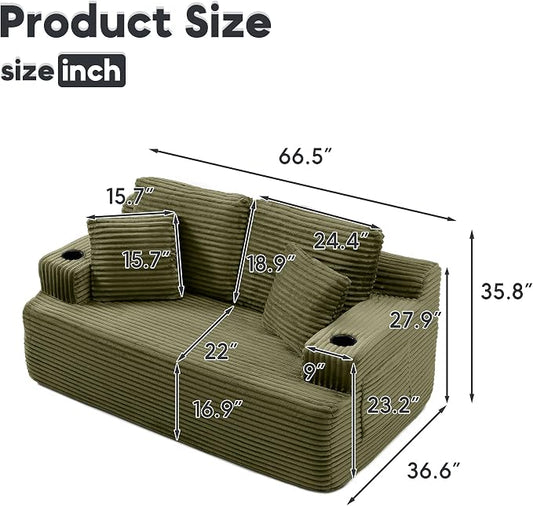 66.5'' Boneless Sofa Couch with Cup Holders & Side Pockets, Modern Corduroy Fabric Upholstered Loveseat Couch with 2 Throw Pillows for Living Room Office, No Assembly (Green)