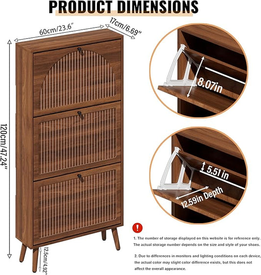 Fsbecl Shoe Storage Cabinet for Entryway with 3 Flip Drawers, Narrow Shoe Organizer with Fluted Panel, Freestanding Wood Hidden Shoe Cabinet for Hallway(Walnut, 23.6''W, Single Layer)