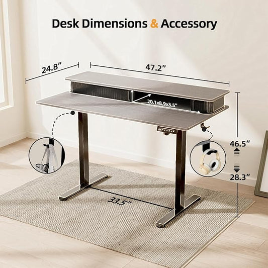 JOY worker Height Adjustable Electric Standing Desk with Storage Shelves, 48 Inch Table with Built-in Monitor Stand, Sit Stand Desk with 2 Hooks for Home Office, Grey Desktop & Black Frame