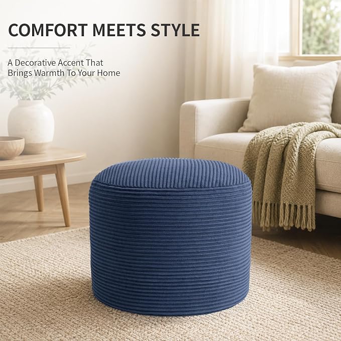 Stuffed Pouf Ottoman Foot Rest with 2.8-inch Solid Foam Base | Odorless Filling Resists Clumping, Washable Corduroy Cover, Round Foot Stool for Living Room Couch Lounging and Home Decor