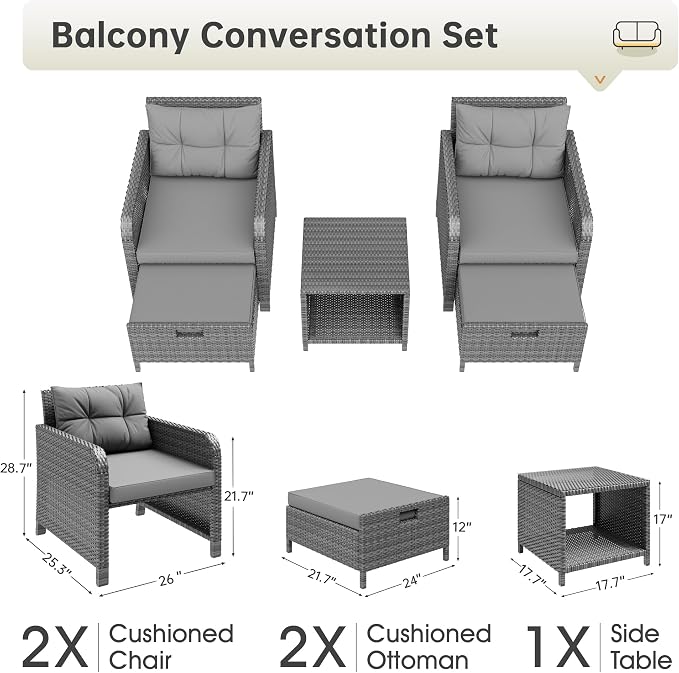 LHBcraft 5 Piece Outdoor Furniture Set, PE Rattan Balcony Furniture with Soft Cushions, Patio Set 2 Ottoman & Table for Porch, Lawn, Garden, Grey