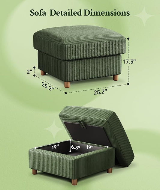 Welzona 25.2" Couches for Living Room, Comfy Green Ottoman with Storage, Foot Rest Tool-Free Setup, Small Ottoman Foot Rest for Couch, Corduroy Couch for Bedroom, Apartment, Office
