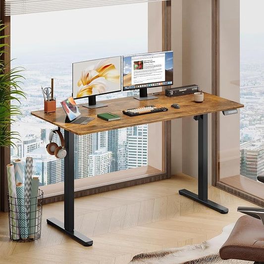 DEVAISE 55 Inch Electric Standing Desk, Adjustable Computer Desk for Home Office, Ergonomic Sit to Stand Desk with LED Touchscreen,Headphone Hook, 3 Memory Preset, with Split Top, Rustic Brown