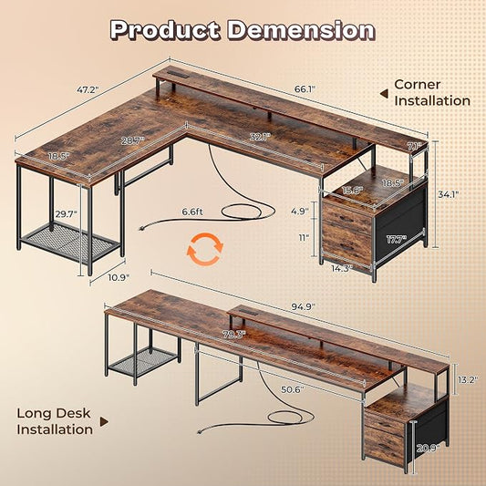 PRAISUN 66" L Shaped Gaming Desk with LED Lights & Power Outlets, Computer Desk with Fabric Drawers and Print Stand, Corner Office Desk, Monitor Stand, Mesh CPU Stand, Rustic Brown