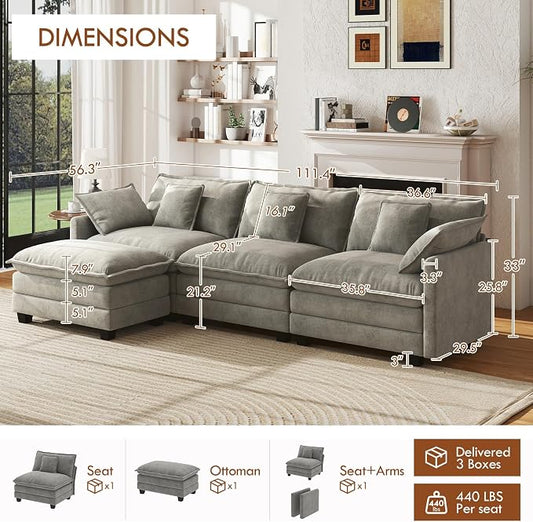 WorthFurni 111.4” Cloud Couch, Modular Sectional Sofa, Comfy Modern 3-Seater Couches with Pillows & Upholstered Deep Seat Cushion for Apartment Living Room Bedroom (Grey)