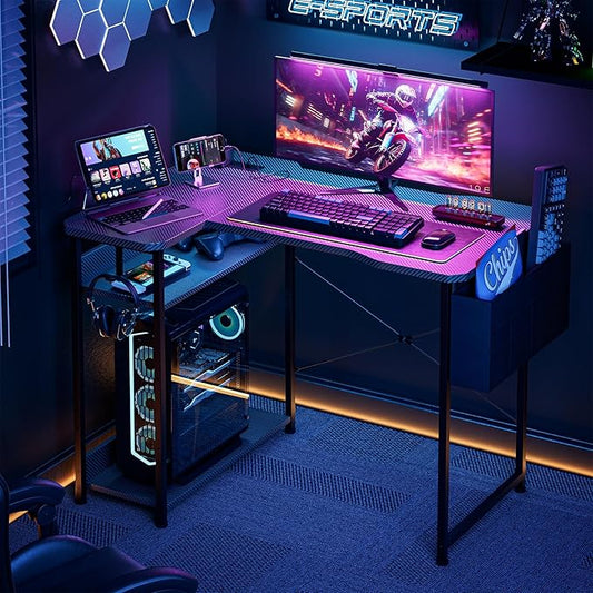 Acrolix L Shaped Gaming Desk 40 Inch - Computer Corner Desk with Power Outlets, Reversible Shelves & Storage Bag for Home Office, PC Gaming Table, Black Carbon