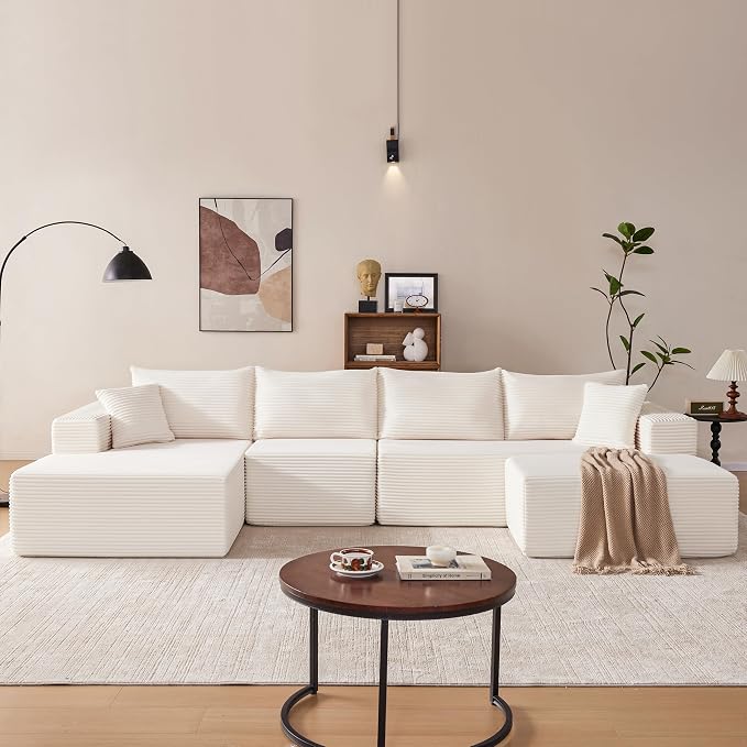 Mangodan 140” Cloud Sectional Couch, Modular Sectional Sofa with Deep Seat, Boneless Sofa for Living Room, Fluffy Comfy U-Shaped Couch with Left Facing Chaise, No Assembly Required, Beige