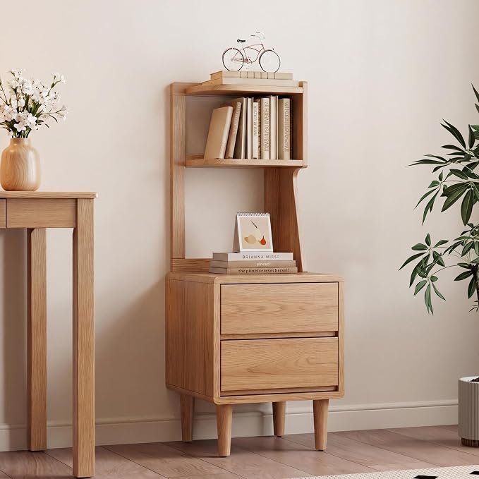 Solid Wood Bookshelf with Drawers,Narrow bookcase with Storage Shelves,Tall Nightstand with Drawers,Mid Century Modern Nightstand,Open Shelf Bookcase,Small Book Shelf for Bedroom,Living Room,Offices