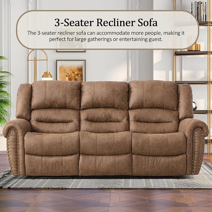 CANMOV Manual Reclining Sofa Set, Faux Leather Manual Recliner Sofa and Recliner Chair with Overstuffed Armrest for Living Room,Bedroom Furniture,Office,Nut Brown
