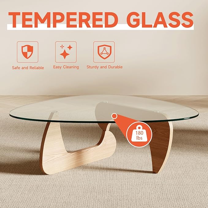 Modern Coffee Table for Living Room and Small Spaces, 43.3" x 29.5" x 15.8" Triangle Tempered Glass Table Top and Eco-Friendly Solid Wood Base, Natural Wood