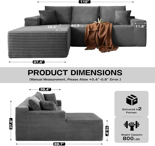 AUGOP 108" Sectional Couches for Living Room Modern Modular Sofa with L-Shape Couchs Upholstered Boneless Couch Deep Seat Sectional Couch with Chaise (Dark Grey, 108" Left Facing Chaise+2Seaters)