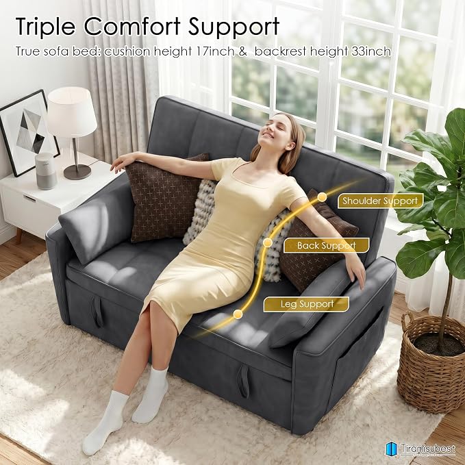 54'' Sleeper Sofa Bed, Convertible Pull Out Couch Futon for for Living Room,Apartment (Darkgrey, Loveseat) Side Pockets, Velvet Fabric, Adjustable Backrest, Pull-Out Bed, Easy Assembly
