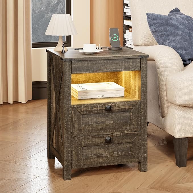TAGELIER Farmhouse Nightstand with Gun Drawer, Bedside Table with Charging Station, Gun Night Stand with LED Light & Human Sensor, Smart End Table for Bedroom, Rustic Brown