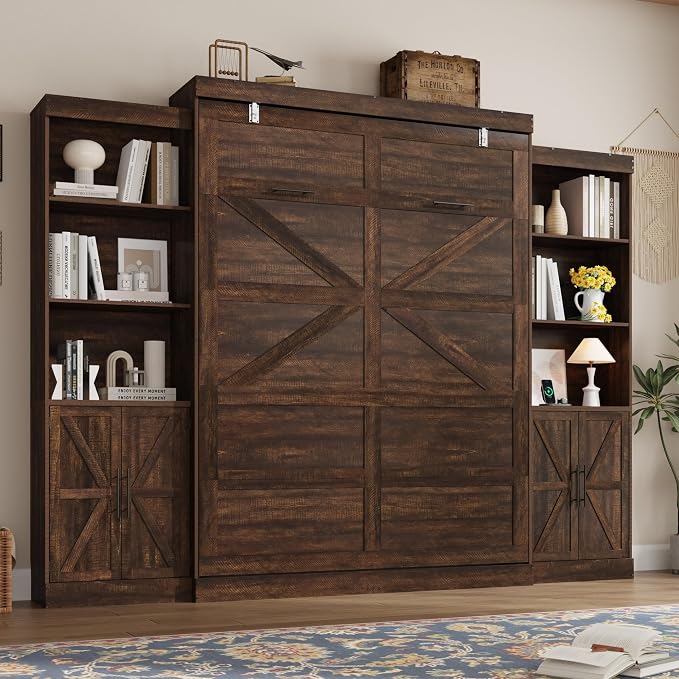 Hlivelood Queen Size Murphy Bed w/2 Storage Cabinet&2 LED Light, Farmhouse Wood Hidden Foldable Wall Bed Frame, Storage Bed Cabinet for Bedroom, Office, Space-Saving, No Box Spring Needed, Brown