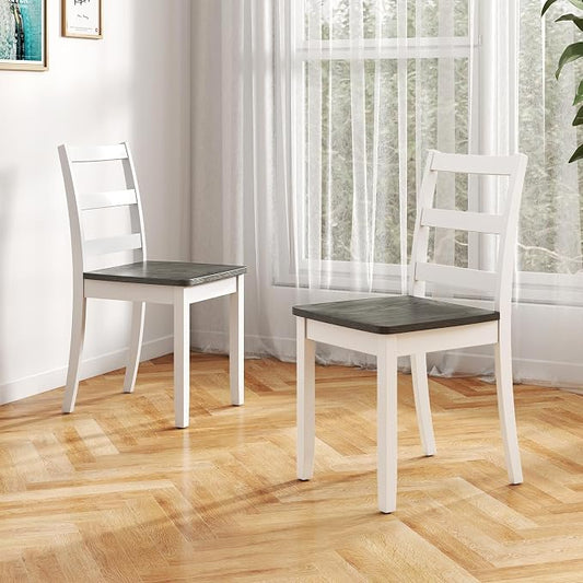 Giantex Dining Chairs, Wooden Armless Kitchen Chairs with Solid Rubber Wood Legs, Farmhouse Ladder Back Dining Chairs for Dining Room (2, White+Gray)