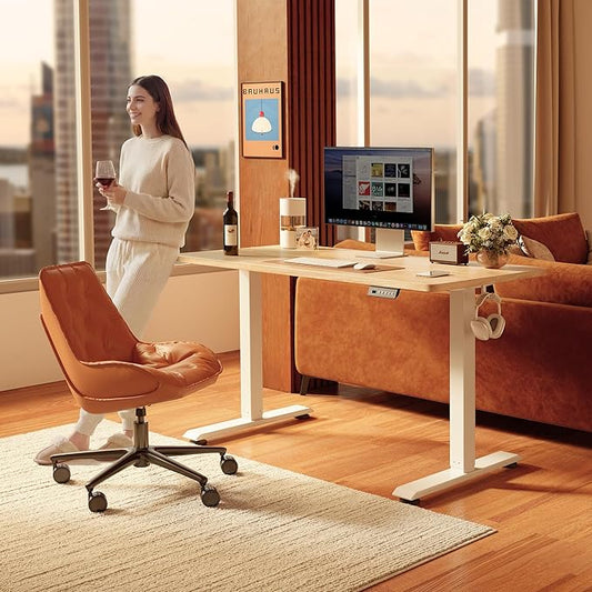 FEZIBO Standing Desk, 48 × 24 Inches Electric Height Adjustable, Sit and Stand Up, Computer Office Desk with Splice Board, White Frame/Maple TOP