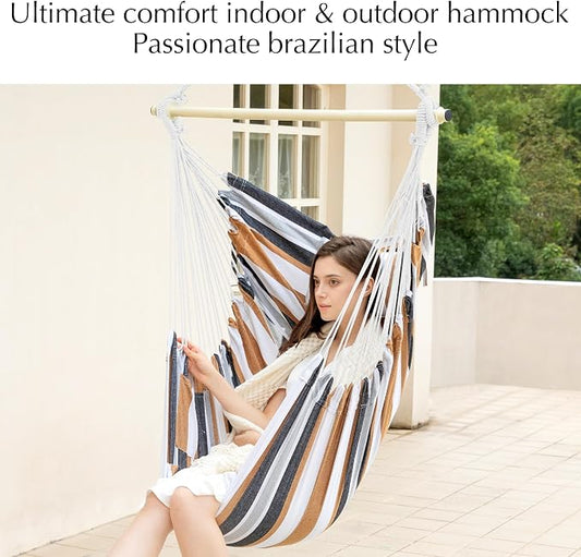 PNAEUT Hammock Chair Hanging Rope Swing for Outside Indoor for Bedroom, Outdoor, Patio (Coffee Stripes)