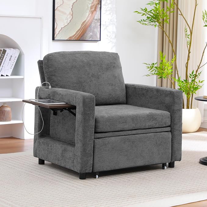 3 in 1 Folding Convertible Sleeper Sofa Bed Pull Out Couch with Side Pockets Side Table USB Port Single Sofa Bed with Adjustable Backrest for Living Room Bedroom Office 66" Darkgrey 1 SEAT