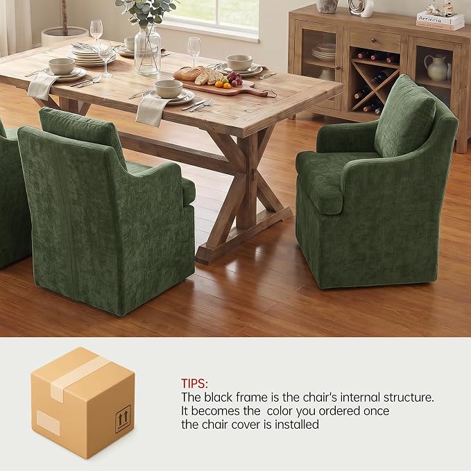 VKNOW Upholstered Dining Chairs Set of 4, Modern Kitchen Chairs Dinner Chairs with 4 Casters, Chenille Armchair for Bedroom Reading Room Living Room, Green