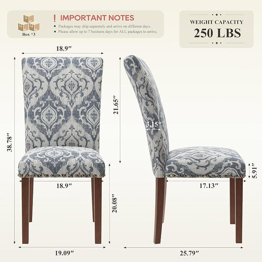 COLAMY Upholstered Parsons Dining Chairs Set of 6, Fabric Dining Room Kitchen Side Chair with Nailhead Trim and Wood Legs - Blue/White Flower