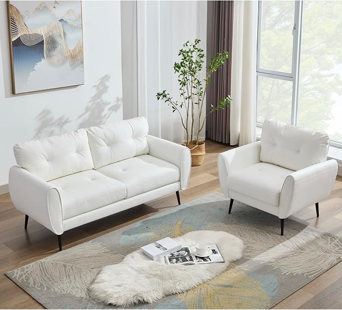 TYBOATLE Sofa Couch 61" Small Loveseat Couches for Living Room Leather Couch Mid Century Modern Tufted Mini Sofa Comfy Office 2 Seat Settee Love Seat for Small Spaces Bedroom (3, White)