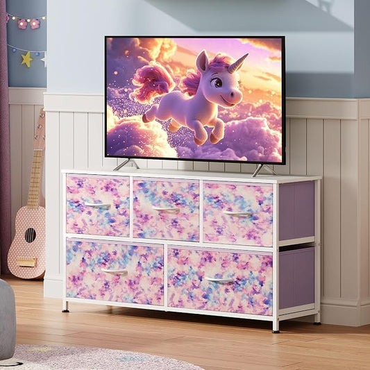 WLIVE Dresser for Bedroom with 5 Drawers, Wide Chest of Drawers, Fabric Dresser, Storage Organizer Unit with Fabric Bins for Closet, Living Room, Hallway, Tie-dye Print (Pink, Purple, Blue)
