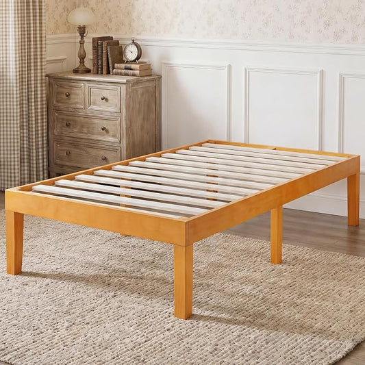 Sweetcrispy Twin Size Bed Frame 16 inch Heavy Duty Platform Bedframe, 500 lbs Capacity, Underbed Storage, No Box Spring Needed, Wooden Slats, Easy Assembly with Velcro, Honey Finish